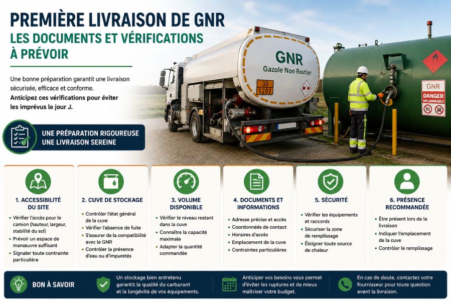 camion de livraison de GNR alimentant une cuve de stockage professionnelle avec checklist des vérifications avant une première livraison